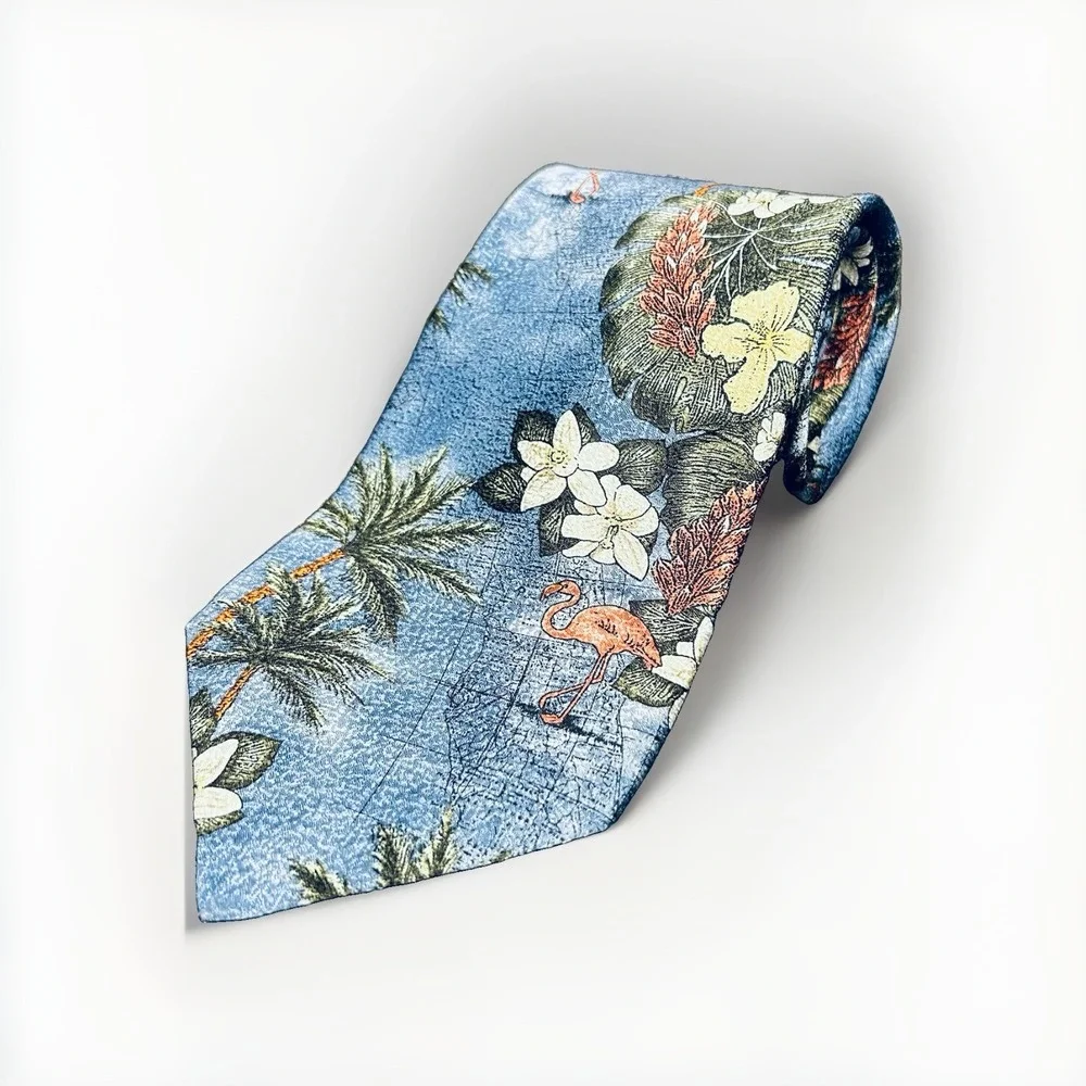 Tropicals by Tango Mens Silk Tie Blue Flamingo Palm Tree Floral USA 58x4 Vintage